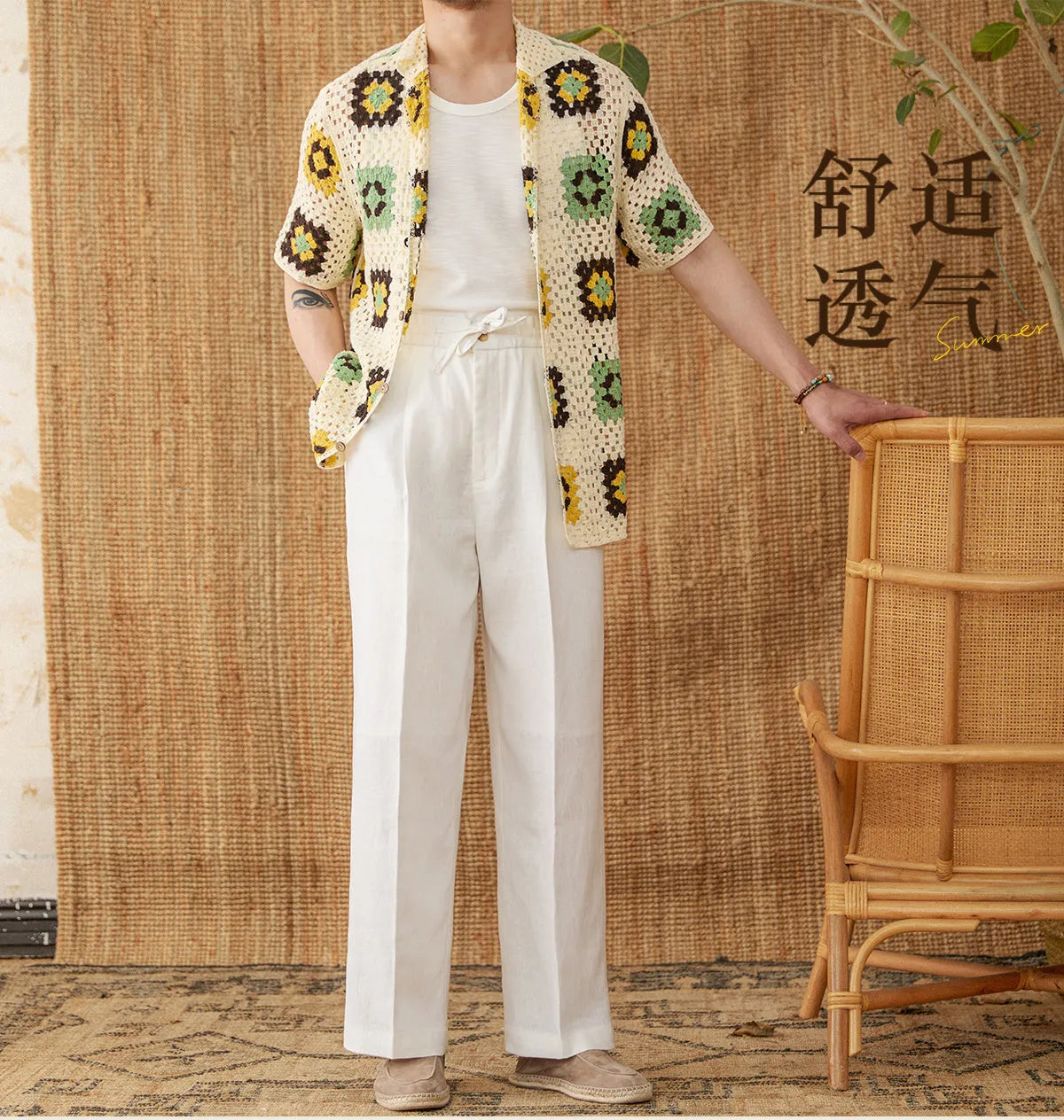Linen straight-leg trousers with elasticated high waist and lace detail in greige colour.