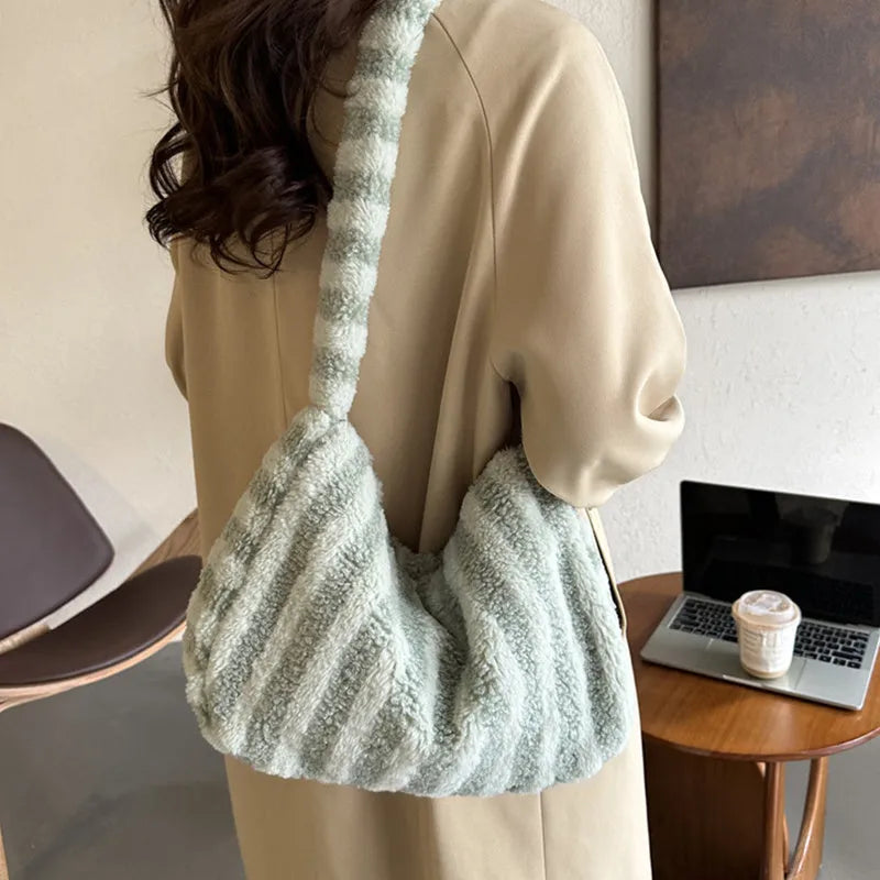 Large striped plush tote bag for women in black, green, orange, purple, or white, portable shoulder handbag.