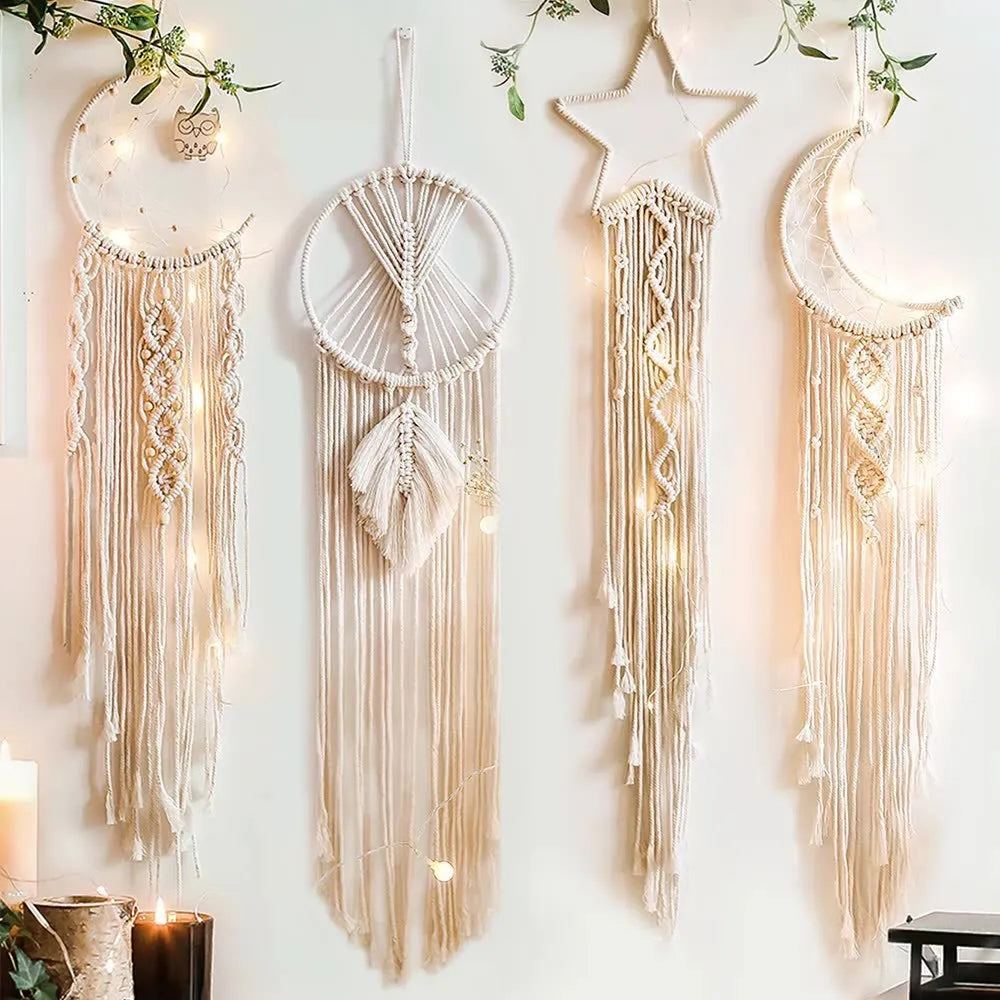 Handmade woven dreamcatcher hanging lamp with integrated light, 90cm long, hoop cotton thread, star moon motif