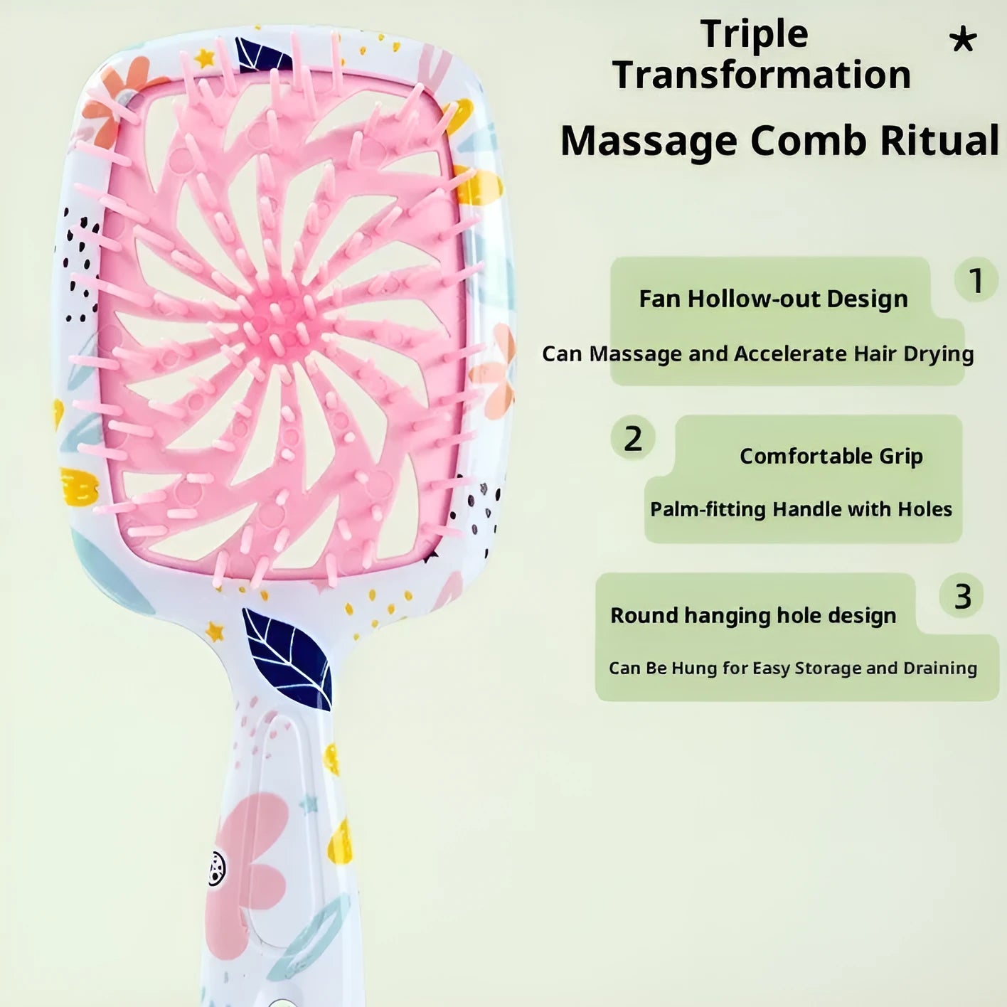 Shunfa massage hollow comb in pink for wet and dry hair grooming, over 20cm long