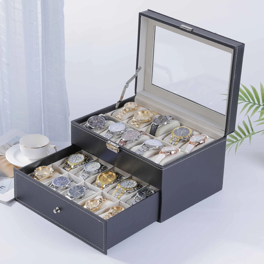 Grey high-grade leather watch storage box with clear acrylic dustproof lid, showing multiple watch capacity options.