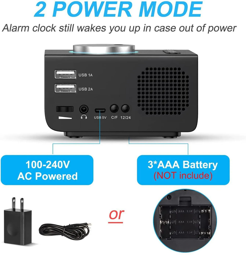 FM radio alarm clock with USB charging port, 3-inch digital display, ABS PC shell, colour box packaging