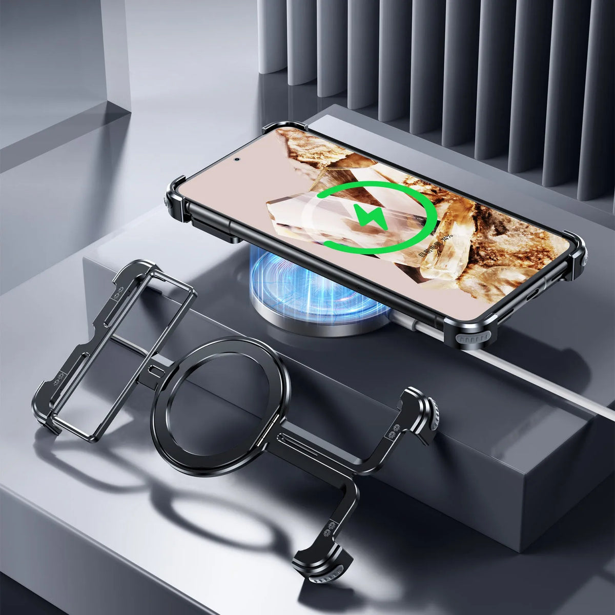 Google Pixel 9 Pro Fold aluminium alloy phone case with black finish, magnetic bracket, and rotatable stand