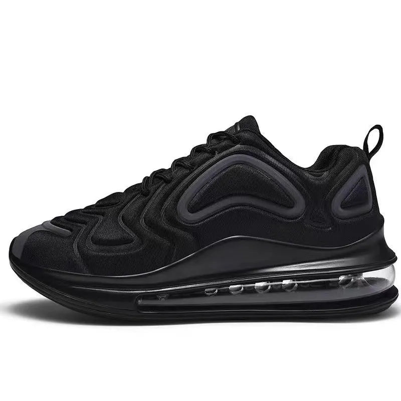 Men's black casual air cushion sneakers with lace-up front and thick sole.