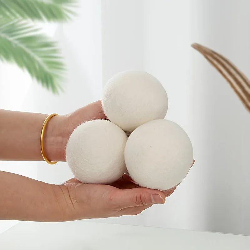 Set of six low allergenic laundry drying balls in various sizes for wrinkle reduction