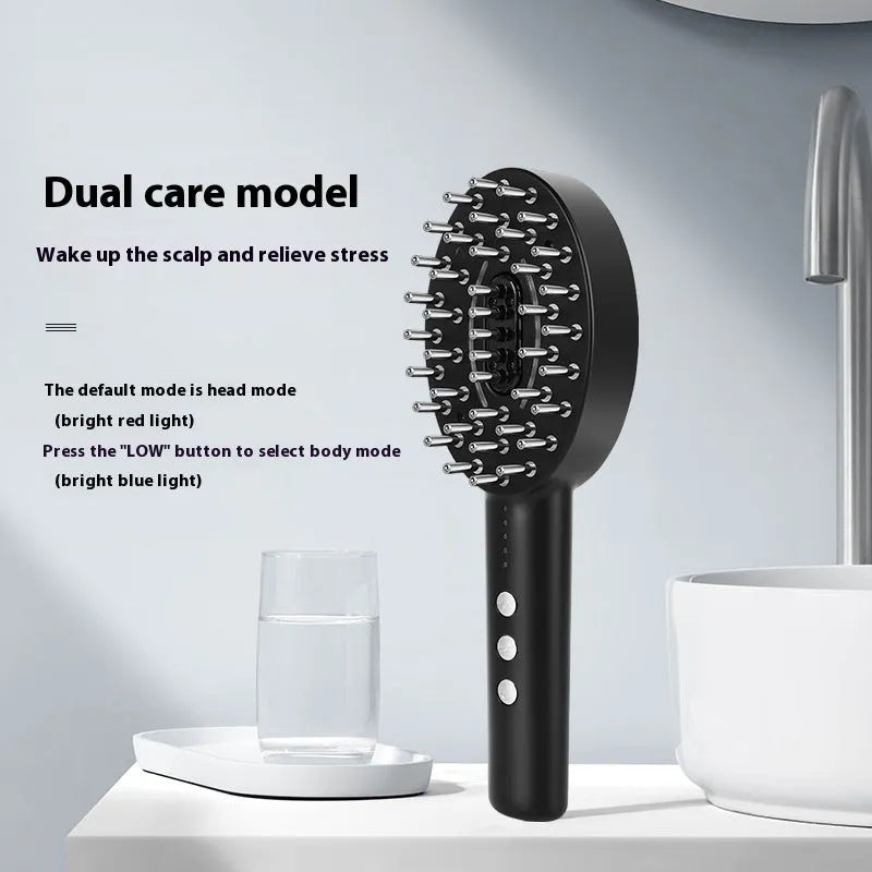 KD3802 Black rechargeable scalp massage device with charging cable on a plain background.