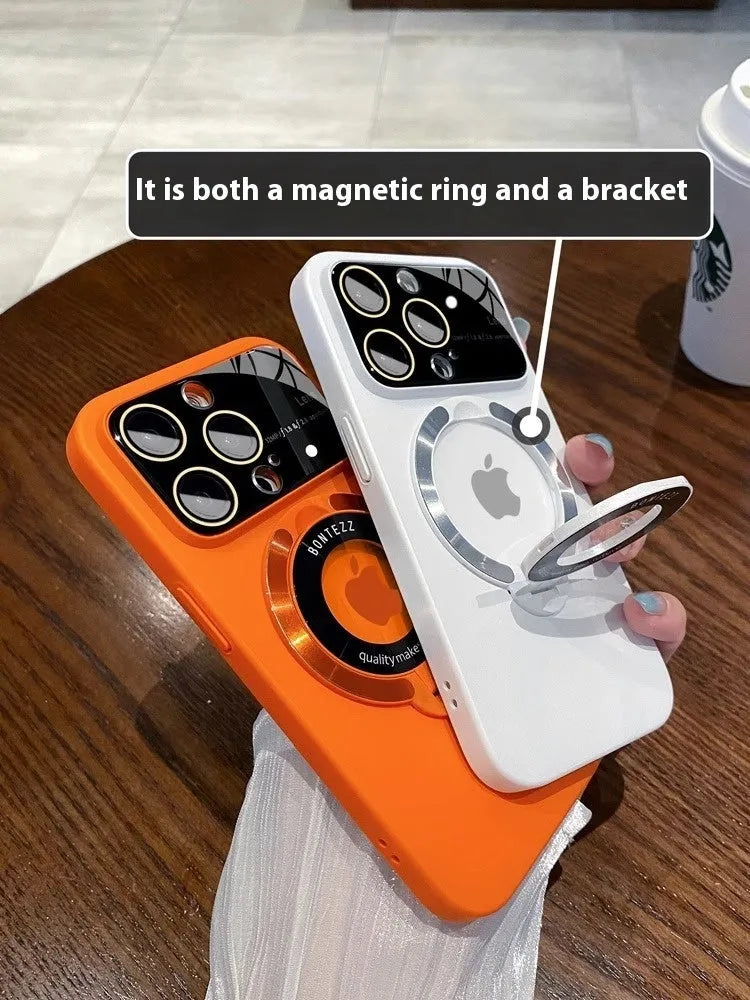 Magnetic flip iPhone case with lens protection, bracket, and PC cover in black