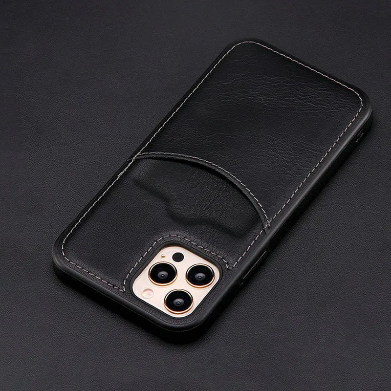 Dark blue PU leather protective case for iPhone models including iPhone 14 Pro Max and iPhone 13.