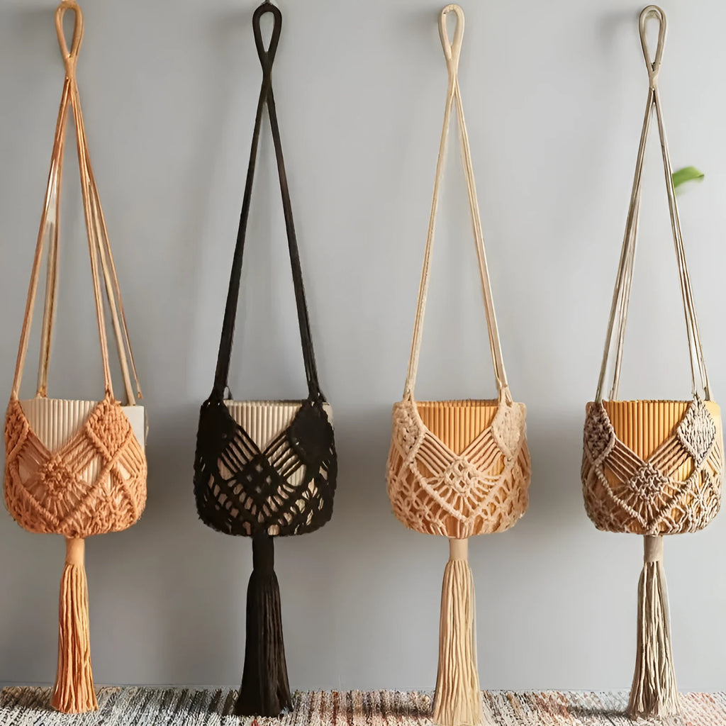 Hand-woven brown polyester cotton flower pot with a net pocket cord