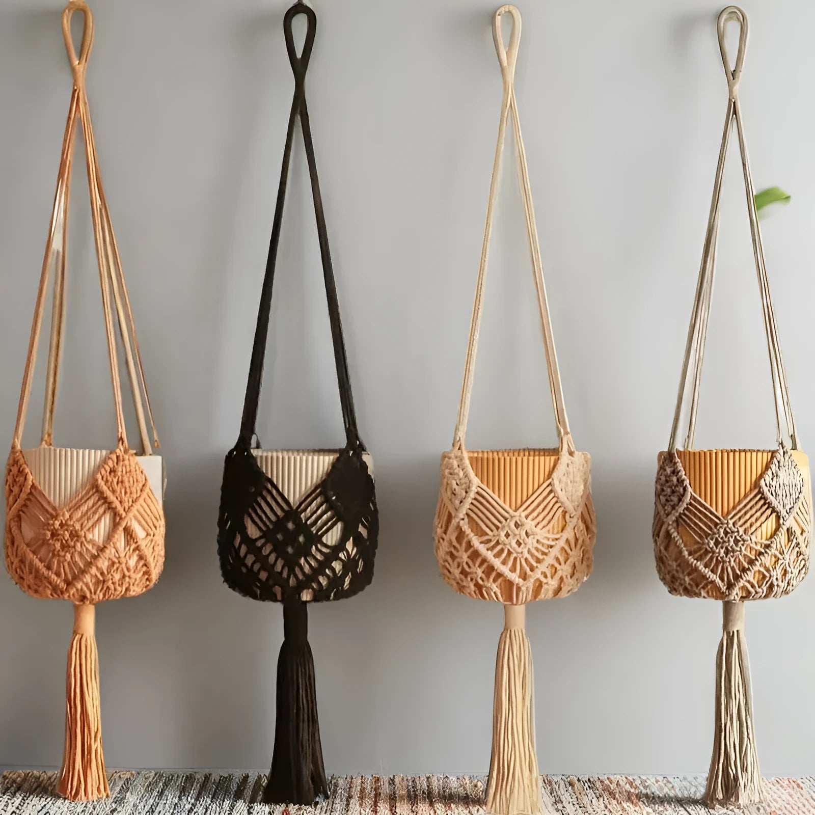 Hand-woven brown polyester cotton flower pot with a net pocket cord