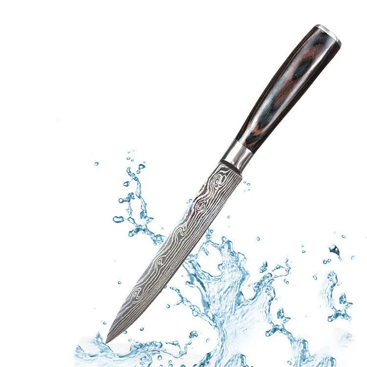 7Cr17 stainless steel chef knife with 18cm blade, laser Damascus pattern, and coloured wood handle