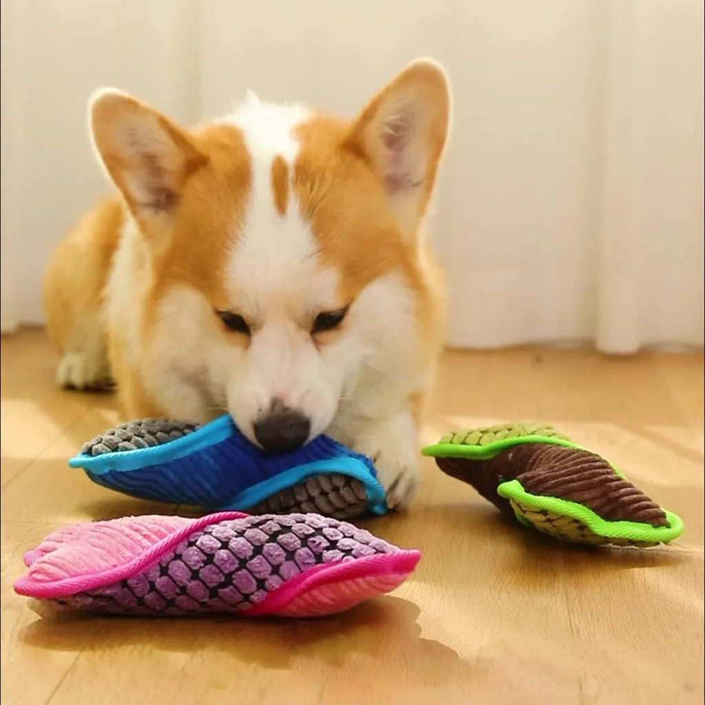 Blue bite-resistant teddy dog toy with a squeaker bone and soft corn fleece lining