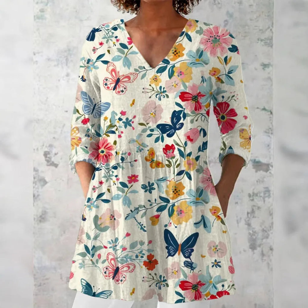Women's retro slim fit printed long-sleeved top in polyester fabric with digital printing