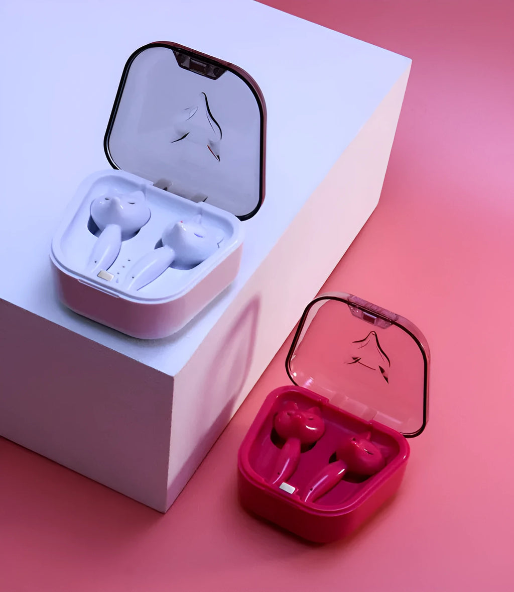 Cartoon fox Bluetooth wireless headset, red and white double stereo earplug with battery display