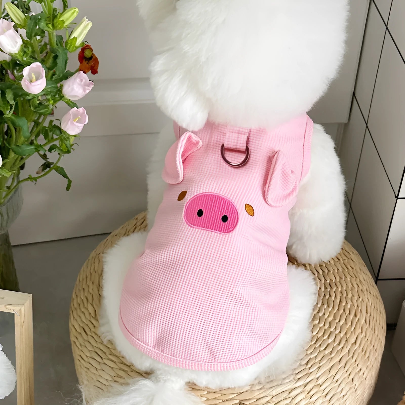 Waffle knit dog and cat vest in yellow, pink or white colours with textured pattern