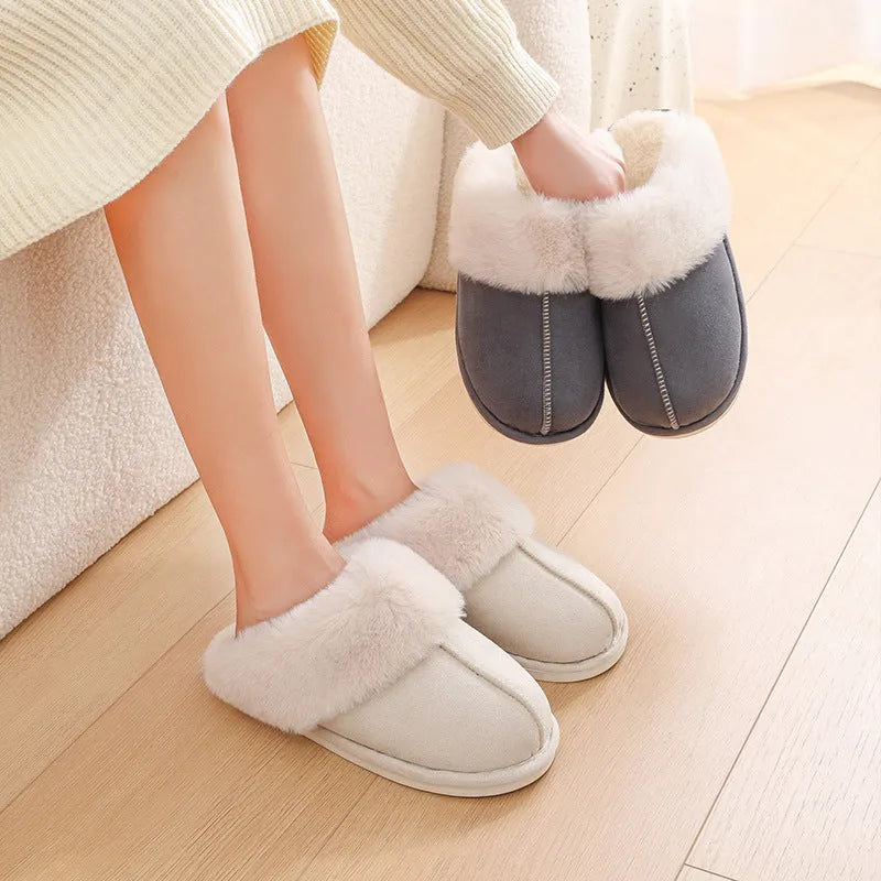 Women's brown plush winter slippers with artificial wool lining and anti-slip PVC sole shown from side view