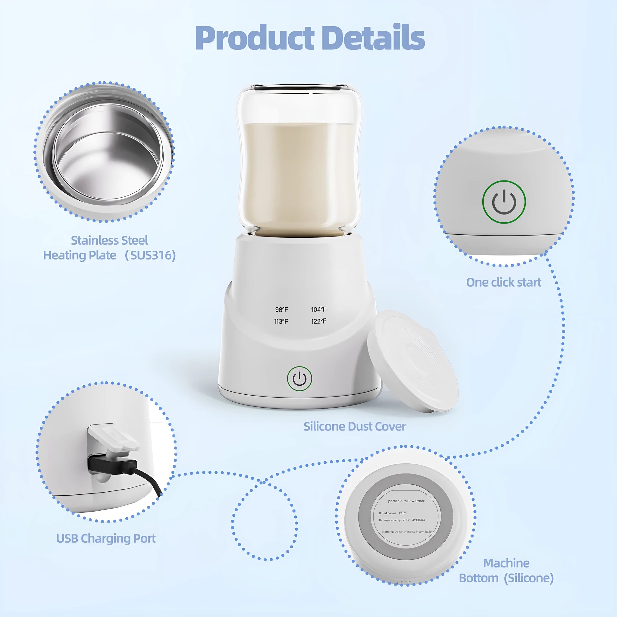 White polypropylene milk modulator with intelligent power storage design for wireless milk heating