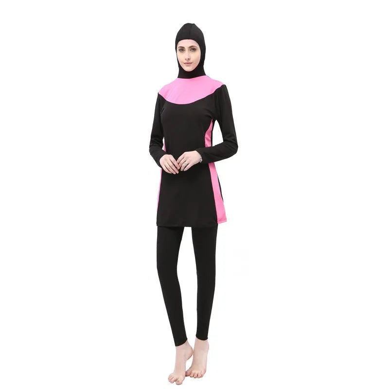 Women's conservative swimsuit with long sleeves and hood in black with contrasting colour accents