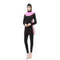 Women's conservative swimsuit with long sleeves and hood in black with contrasting colour accents