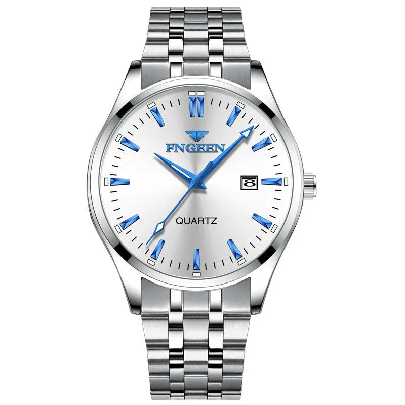Men's quartz watch with 10mm thick case, stainless steel back, coated glass mirror, available in black or white steel and black leather.