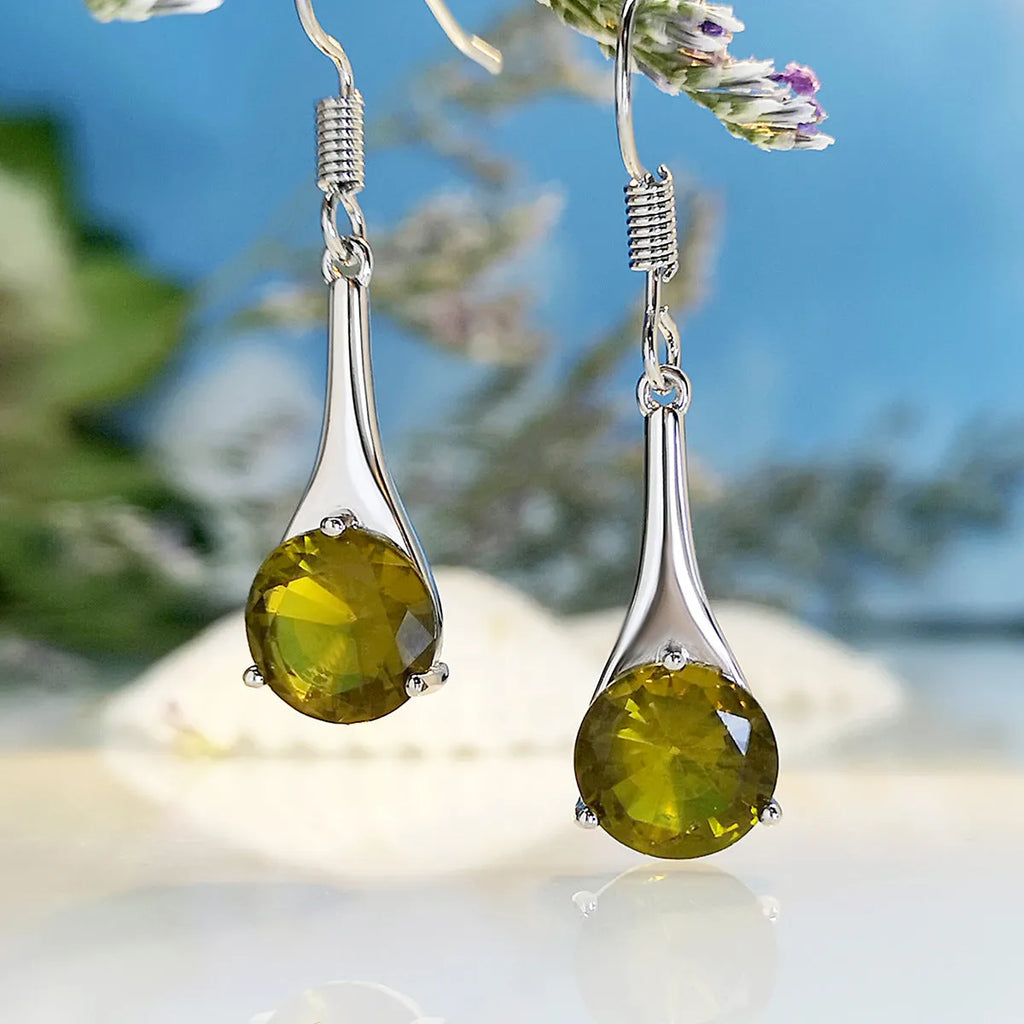 Olive green topaz drop shape earrings with minimalist design and electroplated finish