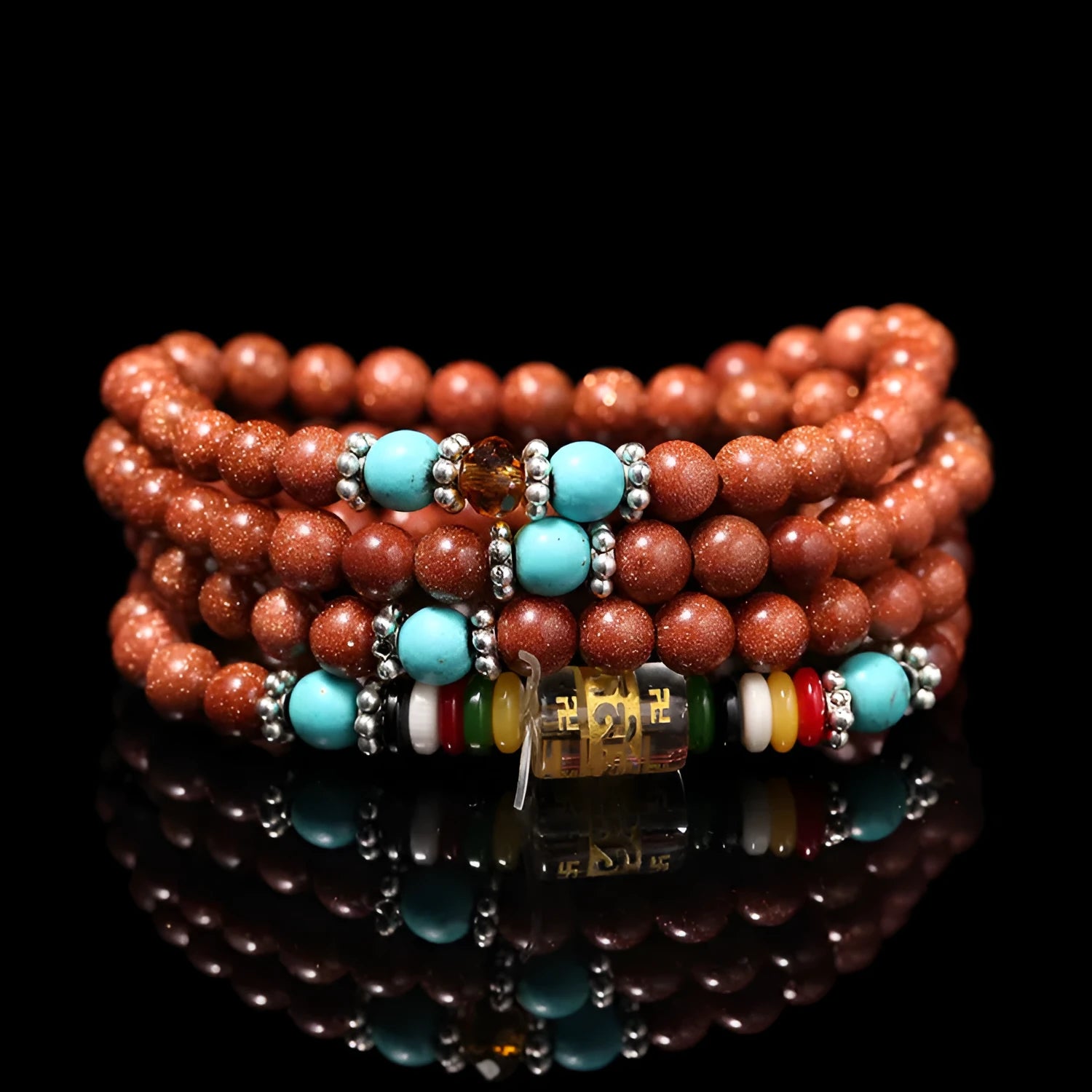 Golden star stone colour bracelet with six-words mantra and multi-circle design featuring fu character symbols