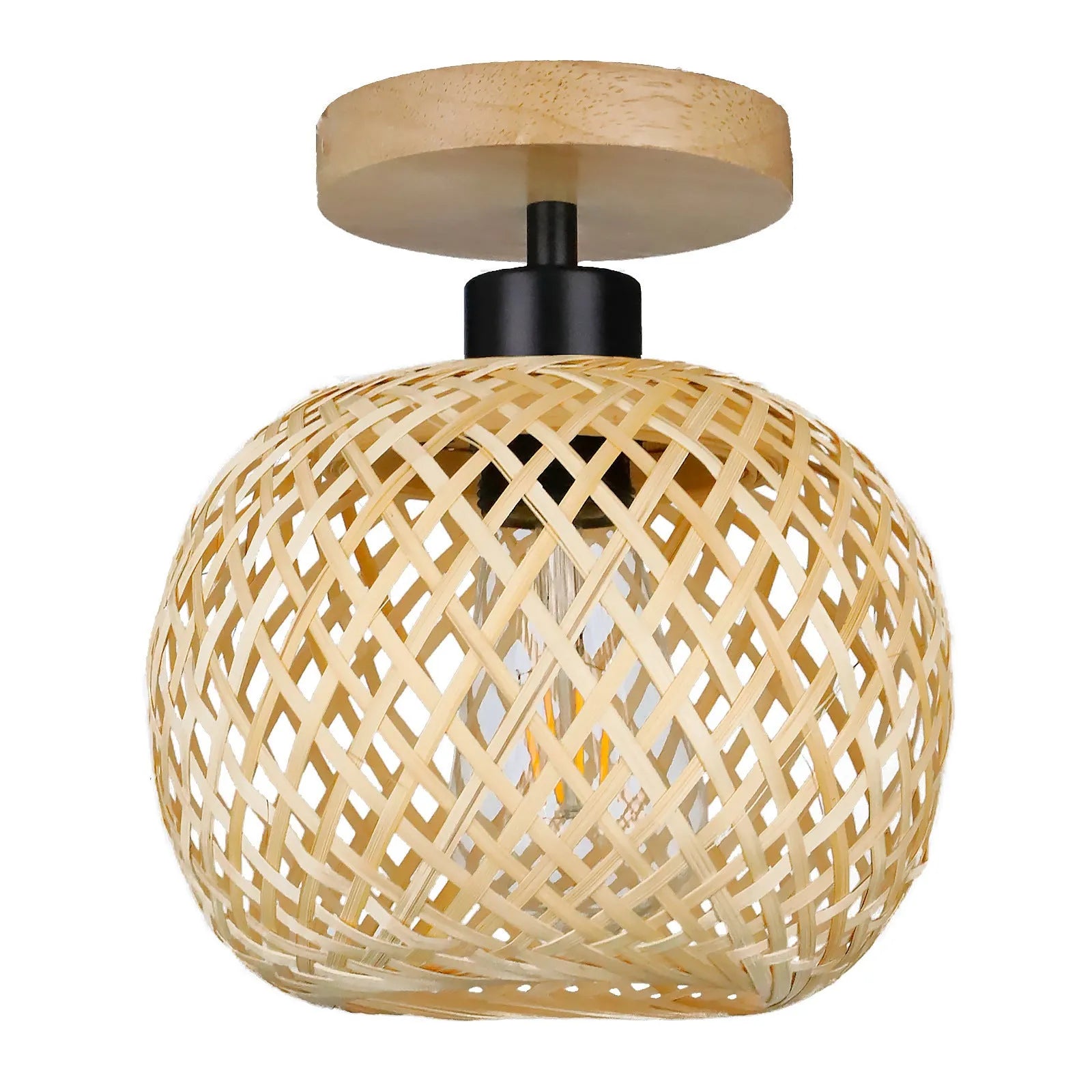 Japanese-style bamboo ceiling lamp with rattan shade in natural wood colour for corridor lighting
