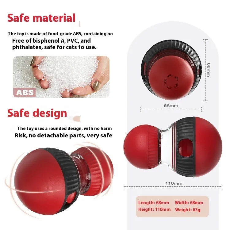 Colourful rotating cat toy with sound feature and food-dropping ball for pet play.