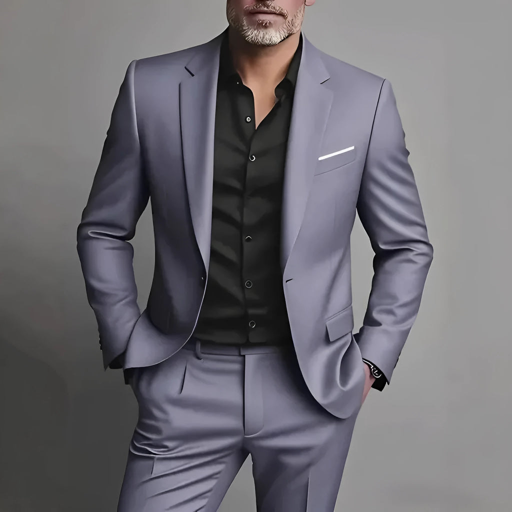 Men's slim fit two-piece cotton blend suit set in black, coat and trousers on hanger