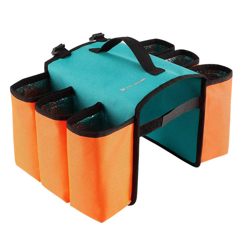 Double-sided black bicycle drink storage bag mounted on bike frame with bottle