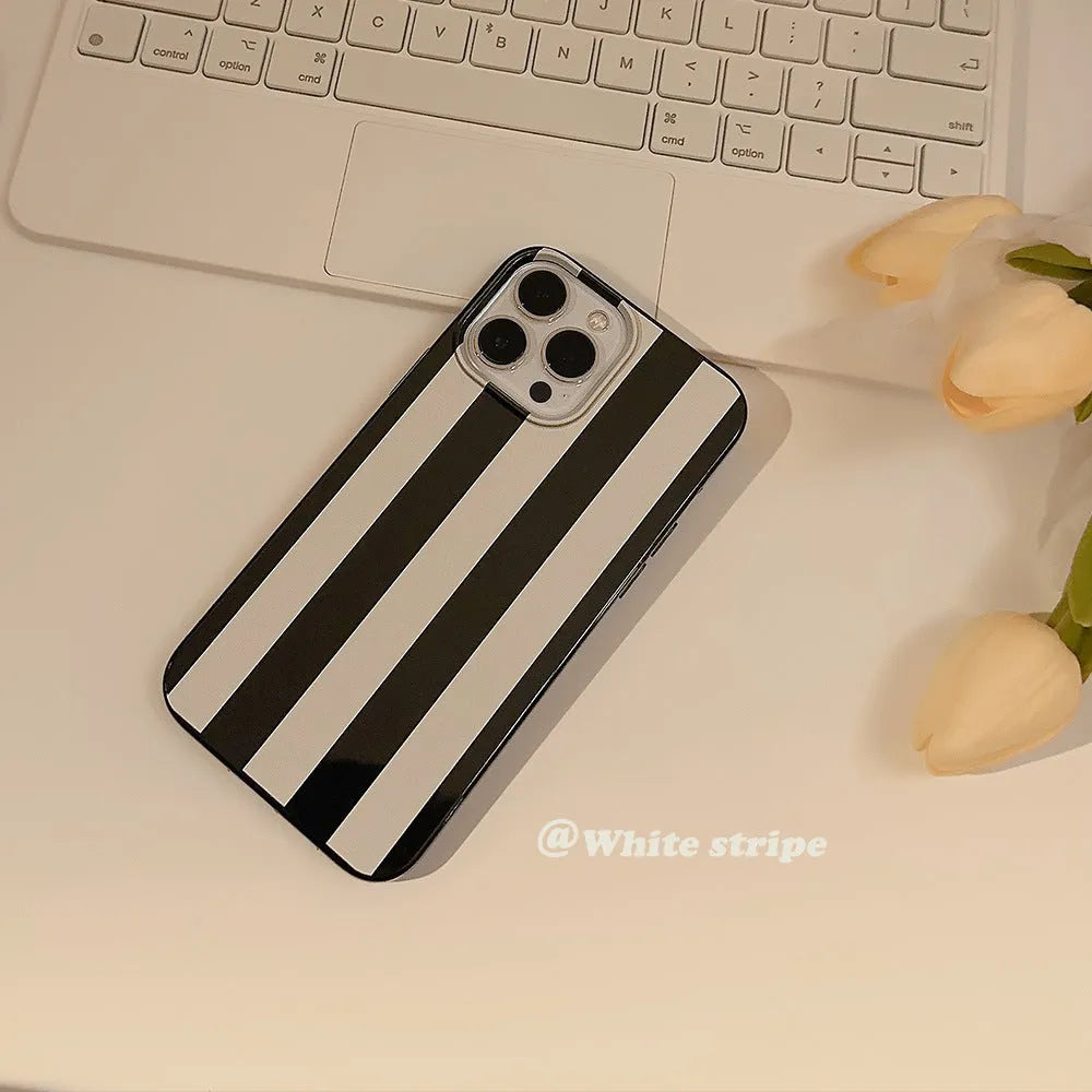 Soft TPU phone case with bright black wide stripes for iPhone, Japan South Korea style design