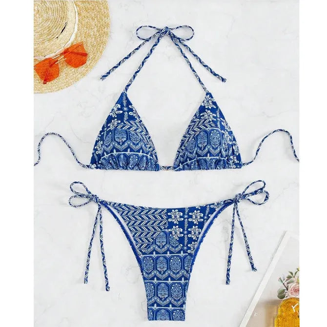 Women's bandage swimsuit with split bikini printing and stitching details in polyester fabric