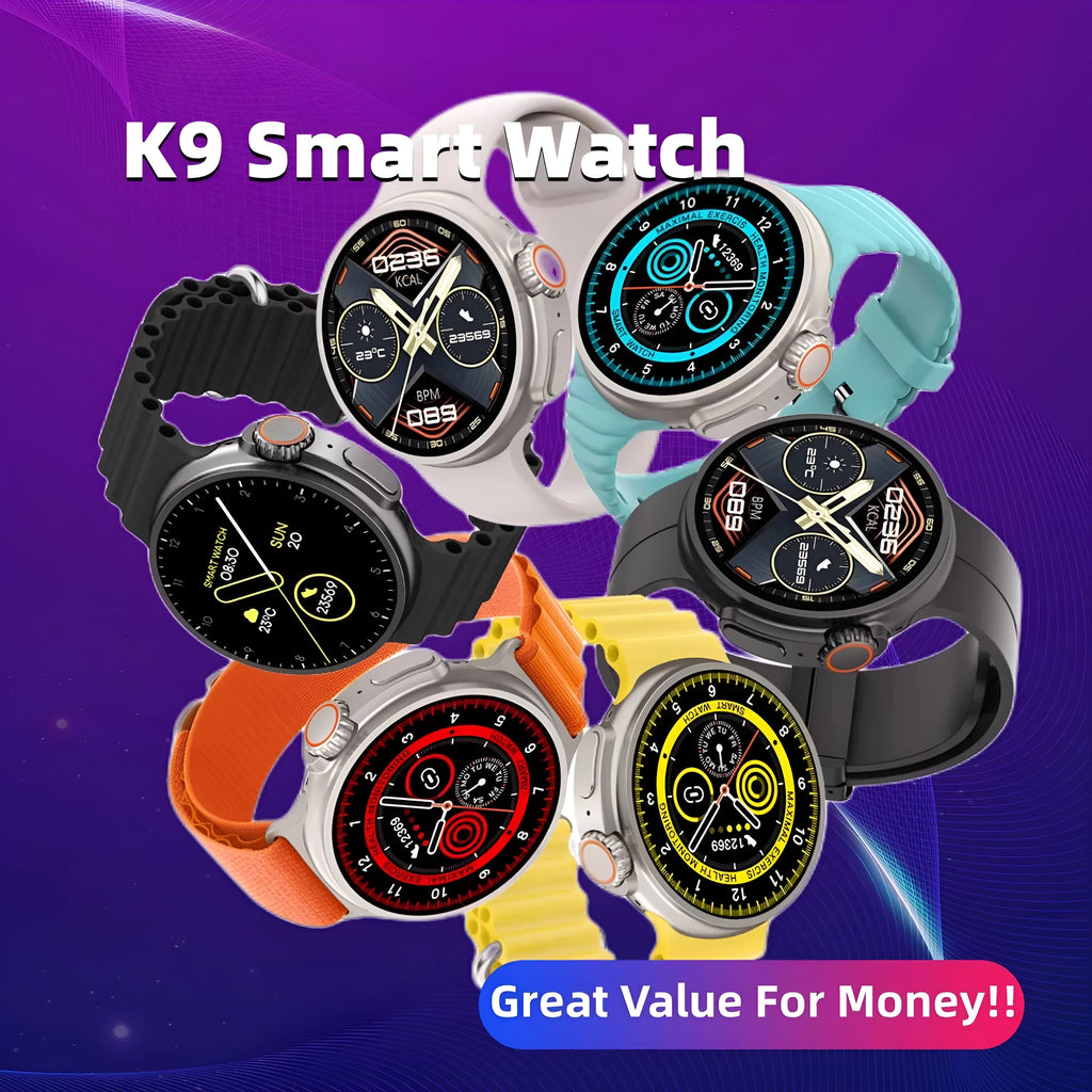 Black K9 smartwatch with round screen on a silicone strap, showing a fitness tracking display.