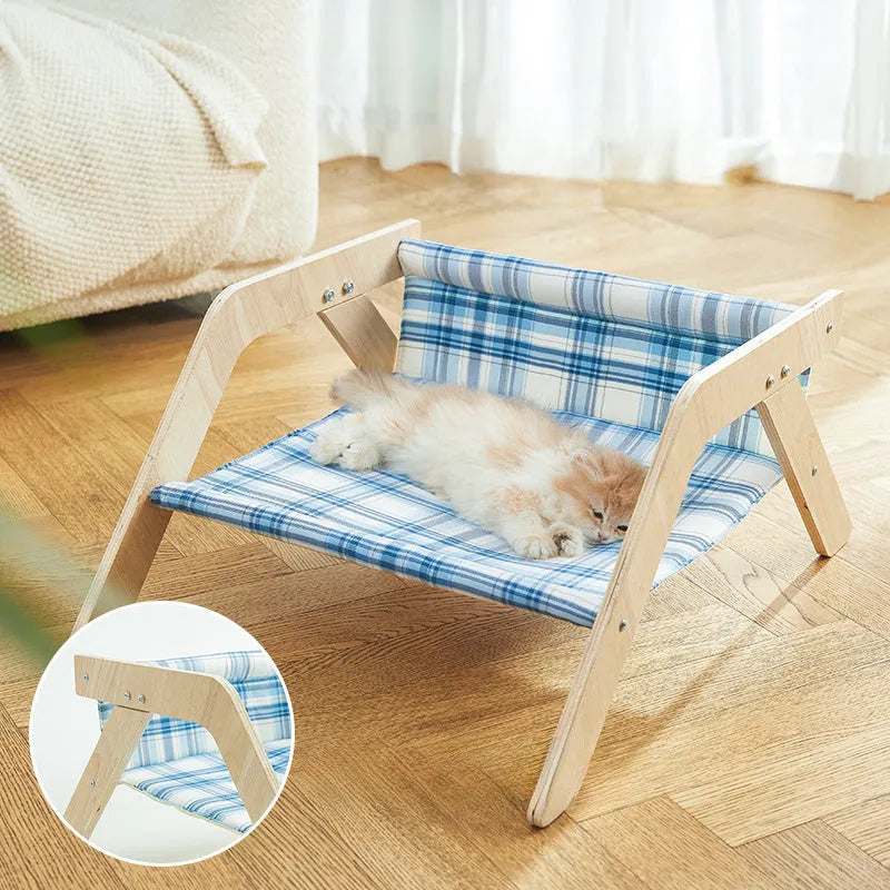 Wooden elevated cat beach chair bed with cloth hammock in green or blue colour options