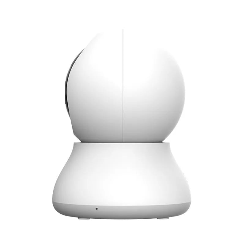 White HD smart camera for indoor use with mobile app remote conversation and panoramic monitoring.