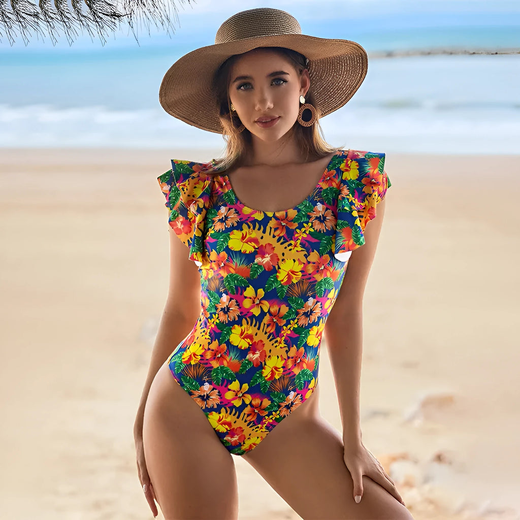 Women's one-piece swimsuit with U-shaped neckline and lace detailing on polyester fabric