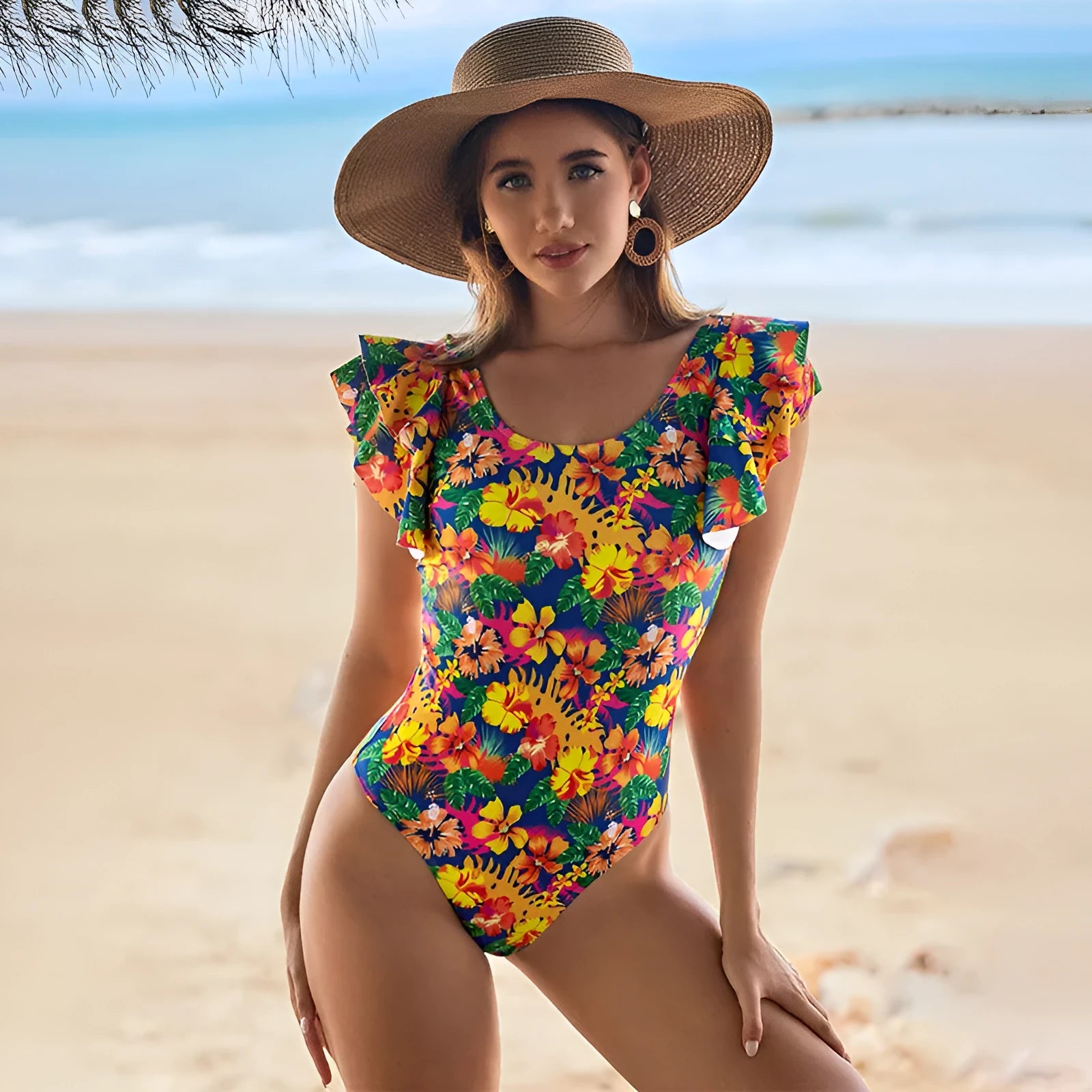 Women's one-piece swimsuit with U-shaped neckline and lace detailing on polyester fabric