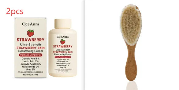 Strawberry skin rejuvenating cream jar with shampoo brush on side, set includes multi-acid formula with strawberry extract