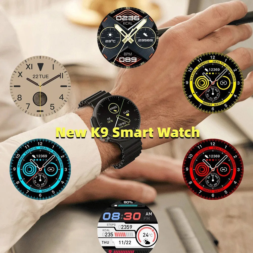 Black K9 smartwatch with round screen on a silicone strap, showing a fitness tracking display.