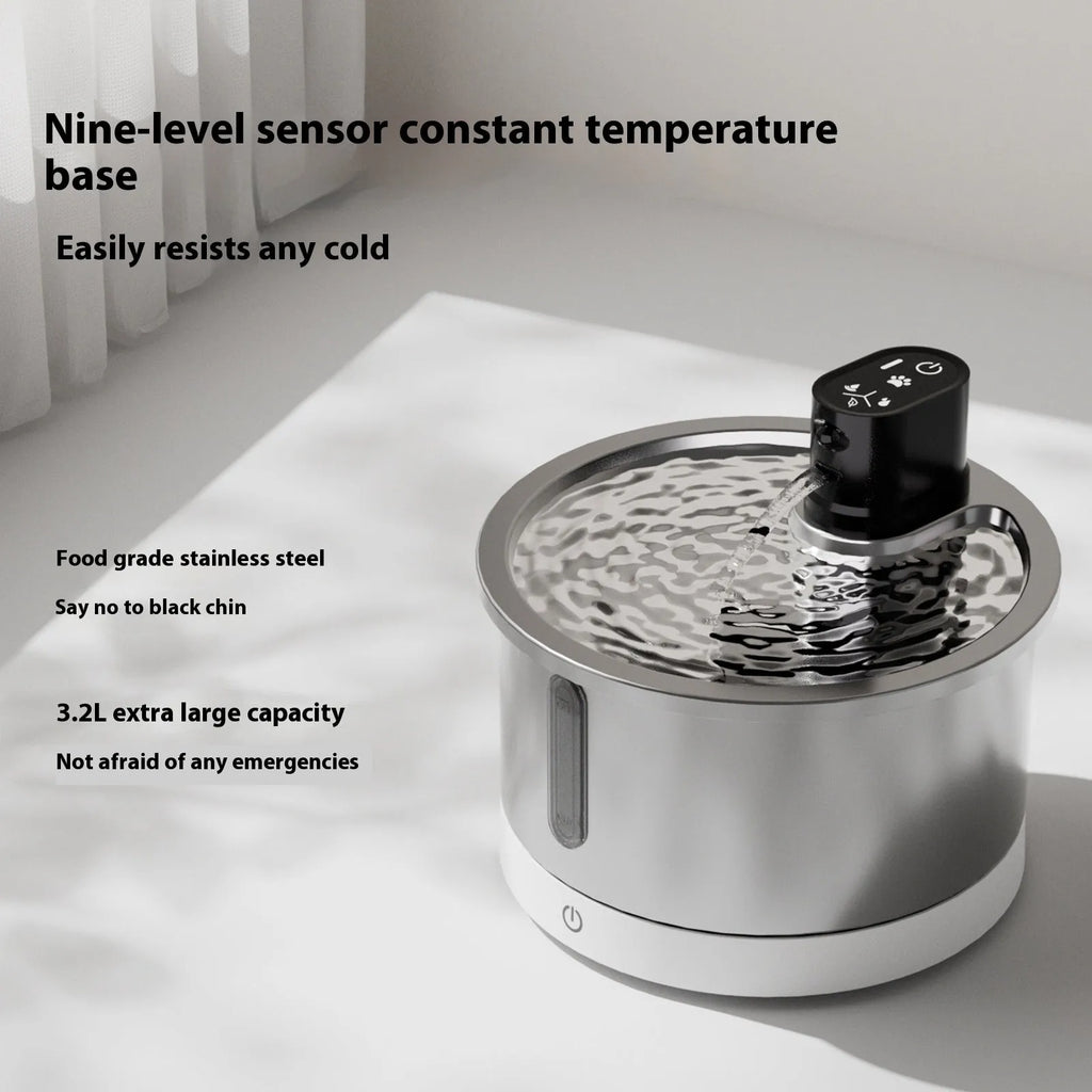 Stainless steel heated water fountain for pets with constant temperature base