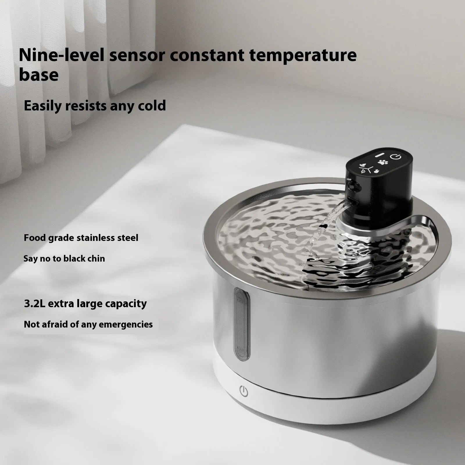 Stainless steel heated water fountain for pets with constant temperature base