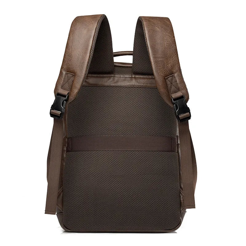 Men's casual business backpack in PU leather, solid colour, black, urban simplicity style, side view