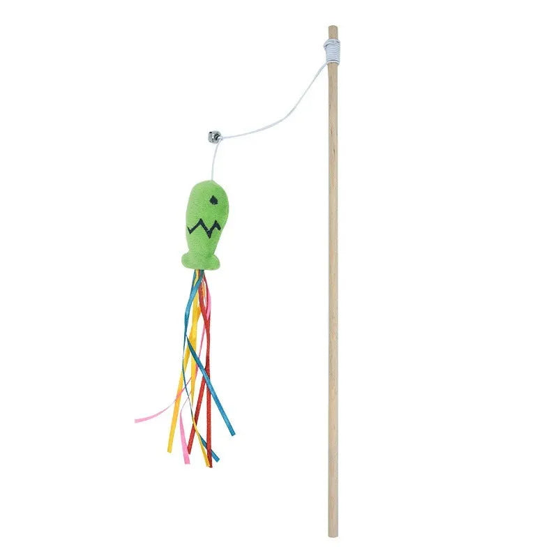 Cat wand toy with wooden handle, colourful ribbons, catnip fish, and bell for interactive play