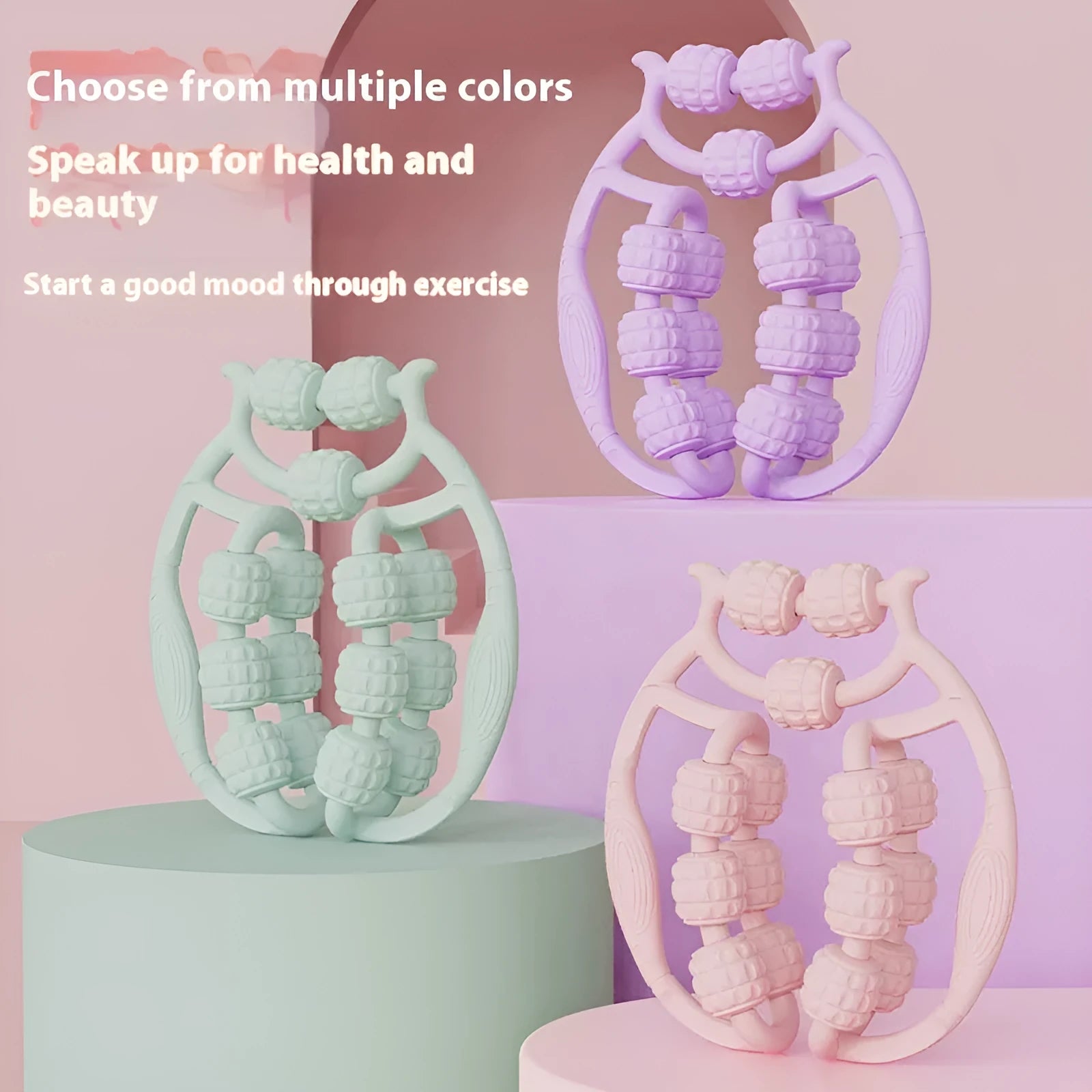 Ring clip leg roller massager with double-row wheels in various colour options
