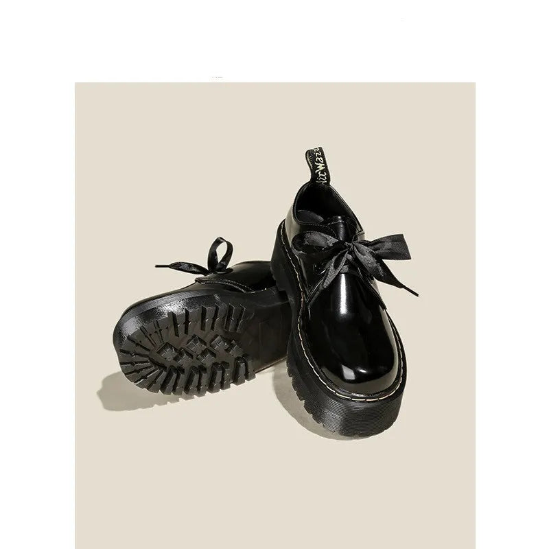 Women's black thick-soled shoes with ribbon laces and cross-strap design on superfine fibre upper