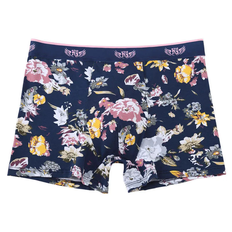 Men's cotton boxer shorts with floral print, showing U-shaped design and mid waist.