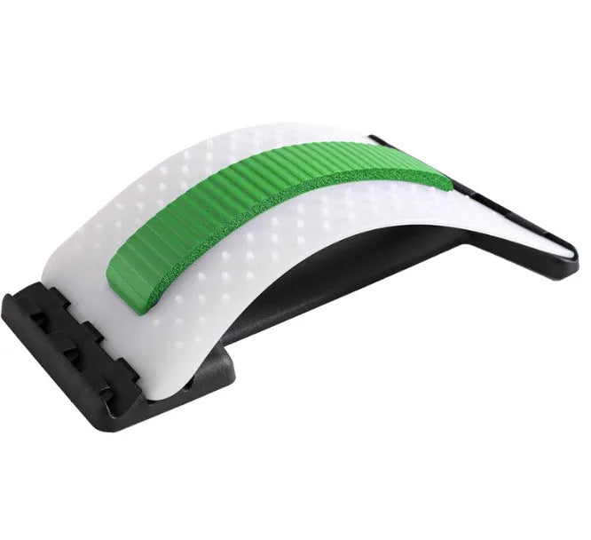 A blue and black adjustable back stretcher with 8 massage heads in a rectangular trapezoid shape for waist and back pain relief.
