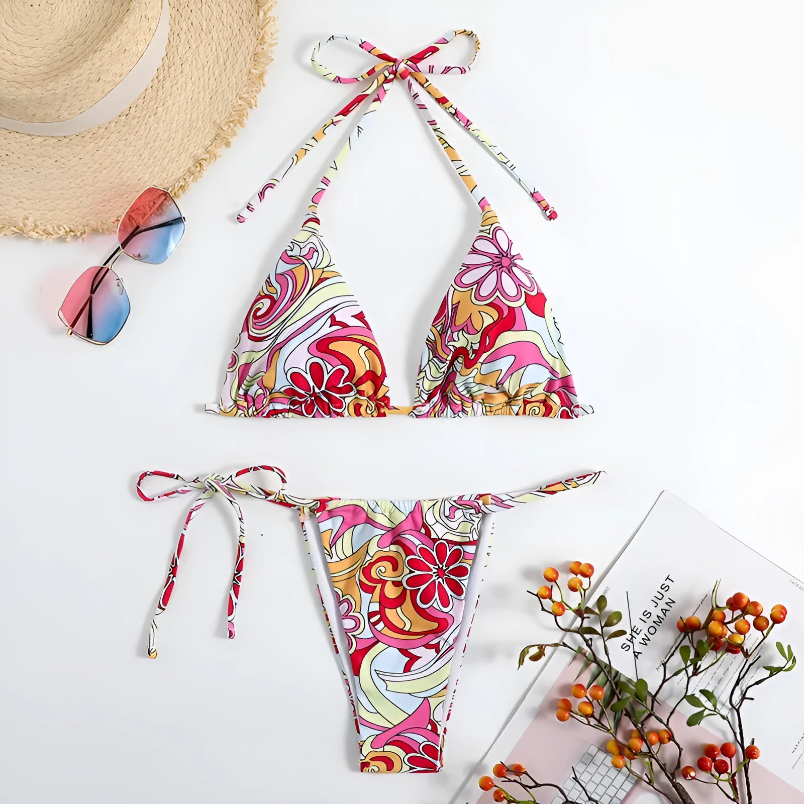 Women's multicolour triangle print bikini with hanging neck detail on separate top
