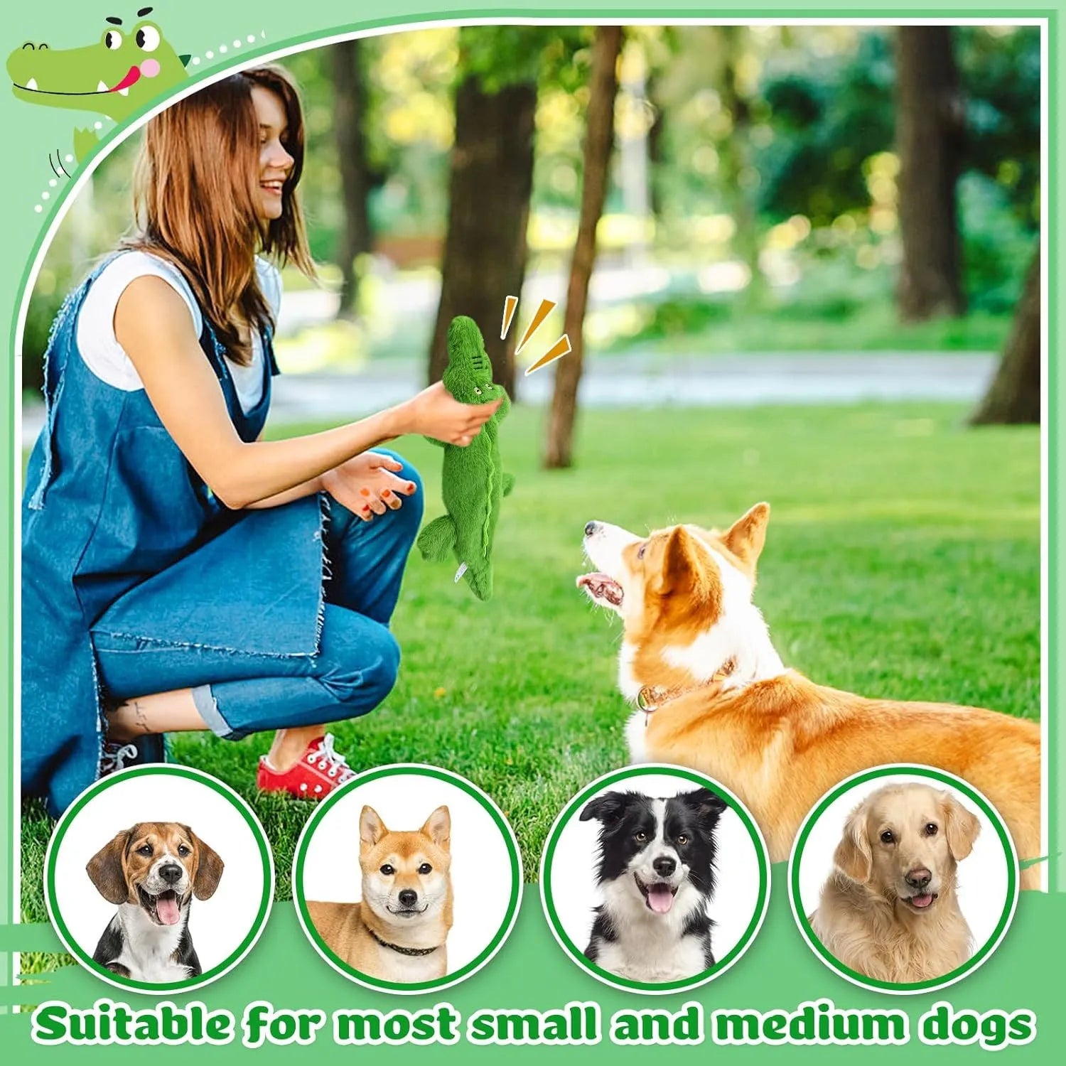 Green crocodile plush dog toy with no stuffing design for aggressive chewers
