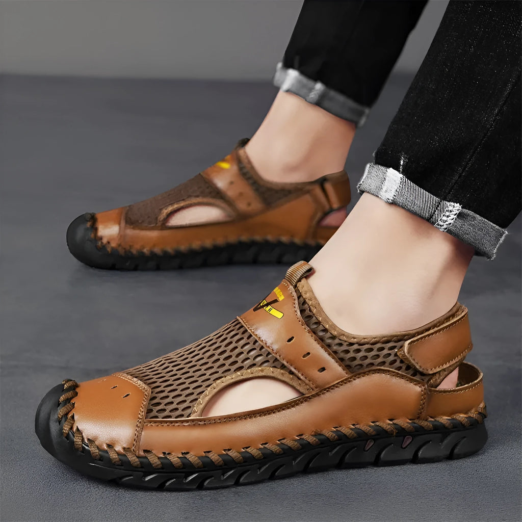 Men's brown breathable mesh casual shoes with genuine leather upper and elastic band